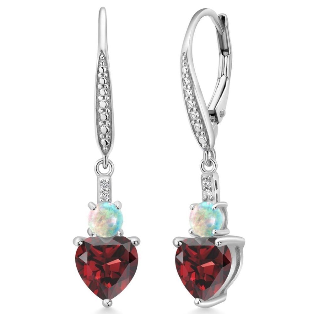 925 Sterling Silver with 3.13 Cttw Red Garnet and White Opal Heart Drop Earrings